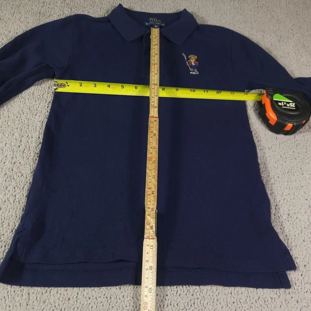 Ralph Lauren Youth Small (8) Skiing Bear Navy Blue Polo Long Sleeve Collared